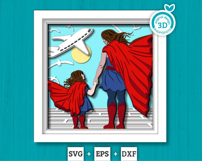 Superhero Mother and Daughter - 3D Shadow Box Layered SVG DXF EPS (Cutting Files)