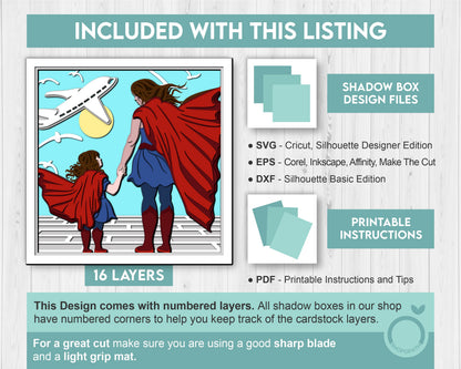 Superhero Mother and Daughter - 3D Shadow Box Layered SVG DXF EPS (Cutting Files)