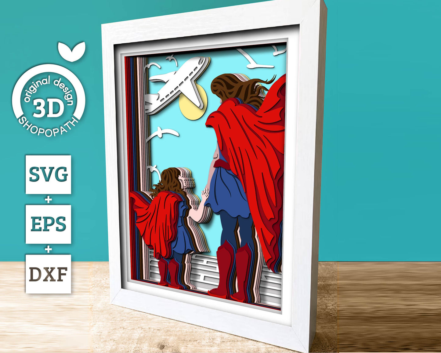 Superhero Mother and Daughter 8x10 inch - 3D Shadow Box Layered SVG DXF EPS (Cutting Files)