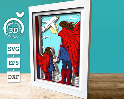 Superhero Mother and Daughter 8x10 inch - 3D Shadow Box Layered SVG DXF EPS (Cutting Files)