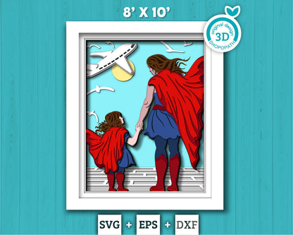 Superhero Mother and Daughter 8x10 inch - 3D Shadow Box Layered SVG DXF EPS (Cutting Files)
