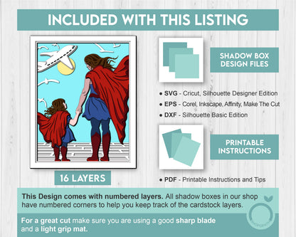 Superhero Mother and Daughter 8x10 inch - 3D Shadow Box Layered SVG DXF EPS (Cutting Files)