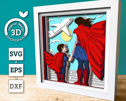 Superhero Mother and Son - 3D Shadow Box Layered SVG DXF EPS (Cutting Files)