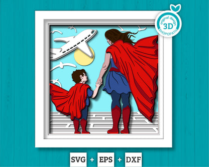 Superhero Mother and Son - 3D Shadow Box Layered SVG DXF EPS (Cutting Files)