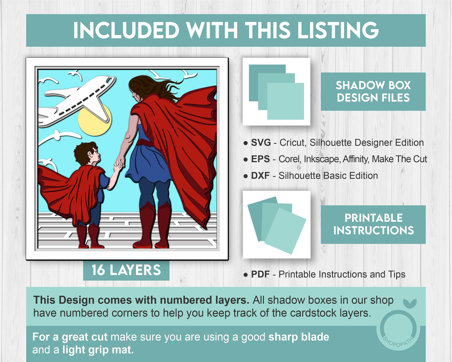 Superhero Mother and Son - 3D Shadow Box Layered SVG DXF EPS (Cutting Files)