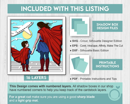 Superhero Mother and Son - 3D Shadow Box Layered SVG DXF EPS (Cutting Files)