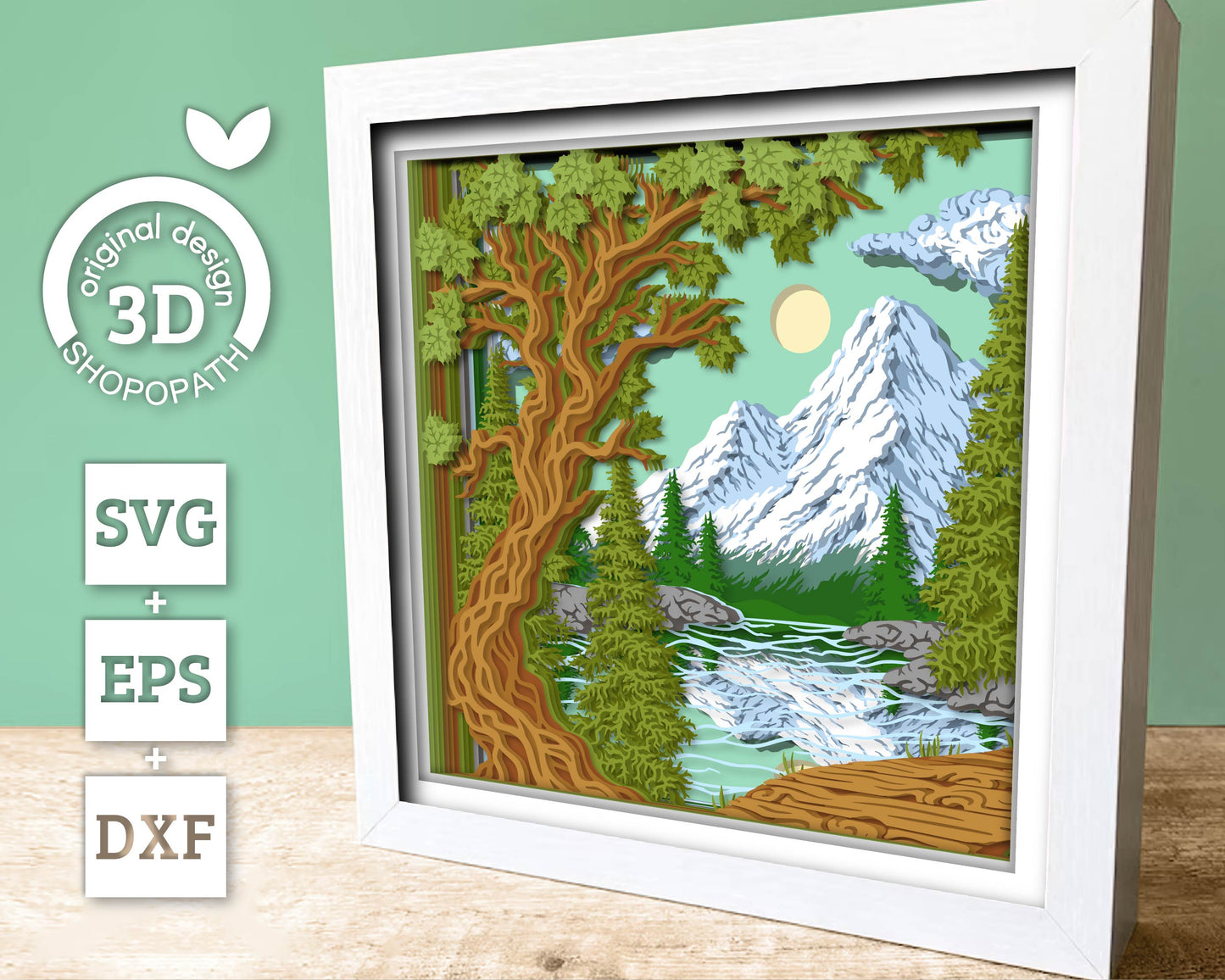Mountain Landscape Shadow Box 3D SVG With Layered Forest and Lake, 3D Svg Papercut Cutting DXF EPS Files for Cricut Silhouette Brother