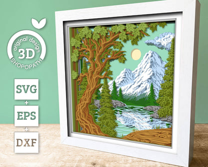Mountain Landscape Shadow Box 3D SVG With Layered Forest and Lake, 3D Svg Papercut Cutting DXF EPS Files for Cricut Silhouette Brother