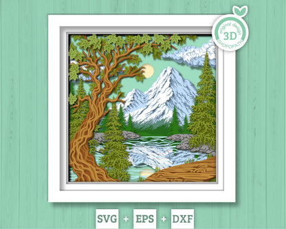 Mountain Landscape Shadow Box 3D SVG With Layered Forest and Lake, 3D Svg Papercut Cutting DXF EPS Files for Cricut Silhouette Brother