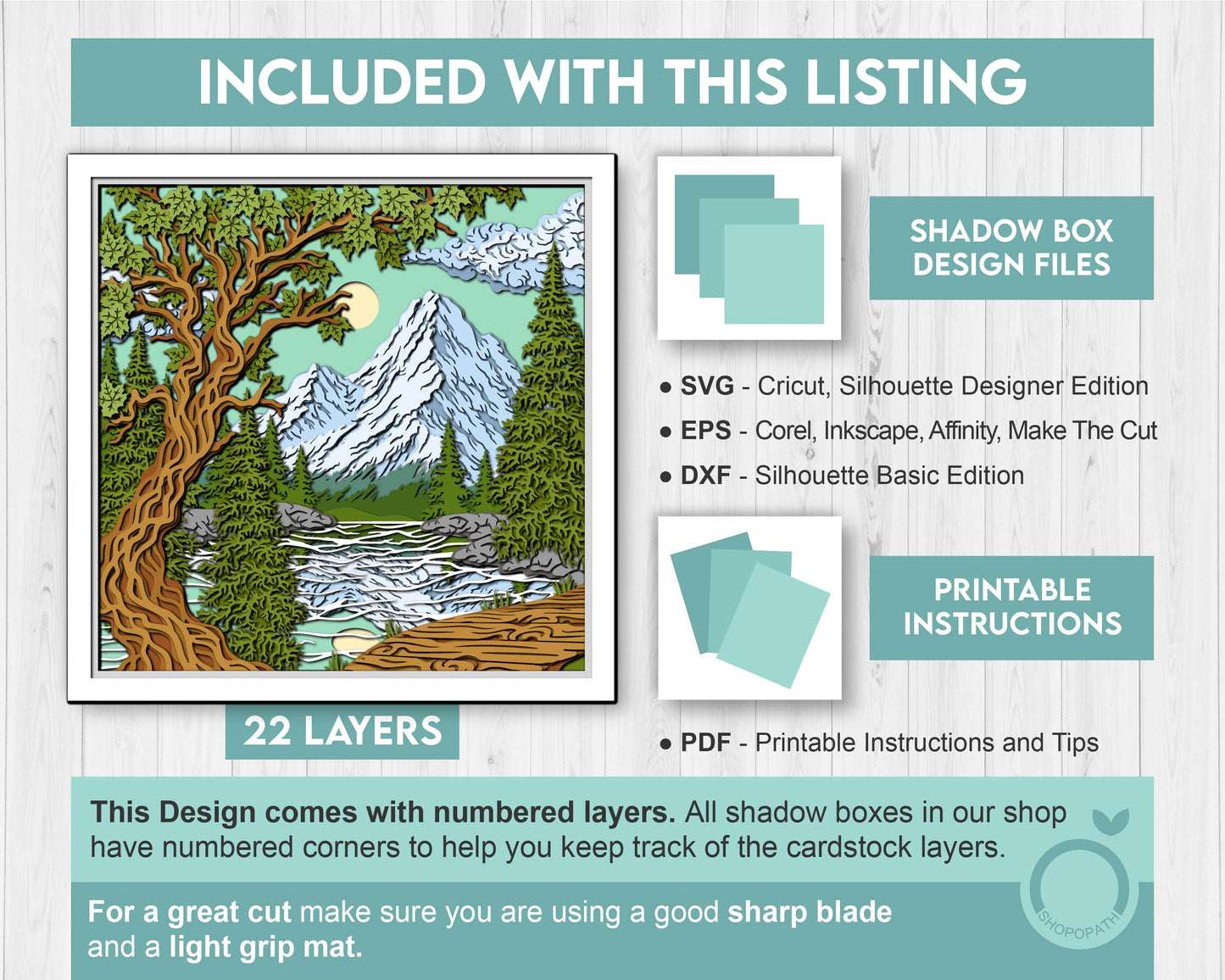 Mountain Landscape Shadow Box 3D SVG With Layered Forest and Lake, 3D Svg Papercut Cutting DXF EPS Files for Cricut Silhouette Brother