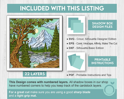Mountain Landscape Shadow Box 3D SVG With Layered Forest and Lake, 3D Svg Papercut Cutting DXF EPS Files for Cricut Silhouette Brother