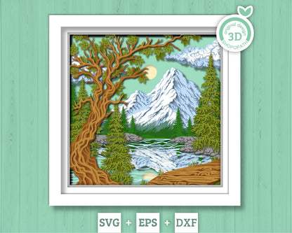 Mountain Landscape Shadow Box 3D SVG With Layered Forest and Lake, 3D Svg Papercut Cutting DXF EPS Files for Cricut Silhouette Brother