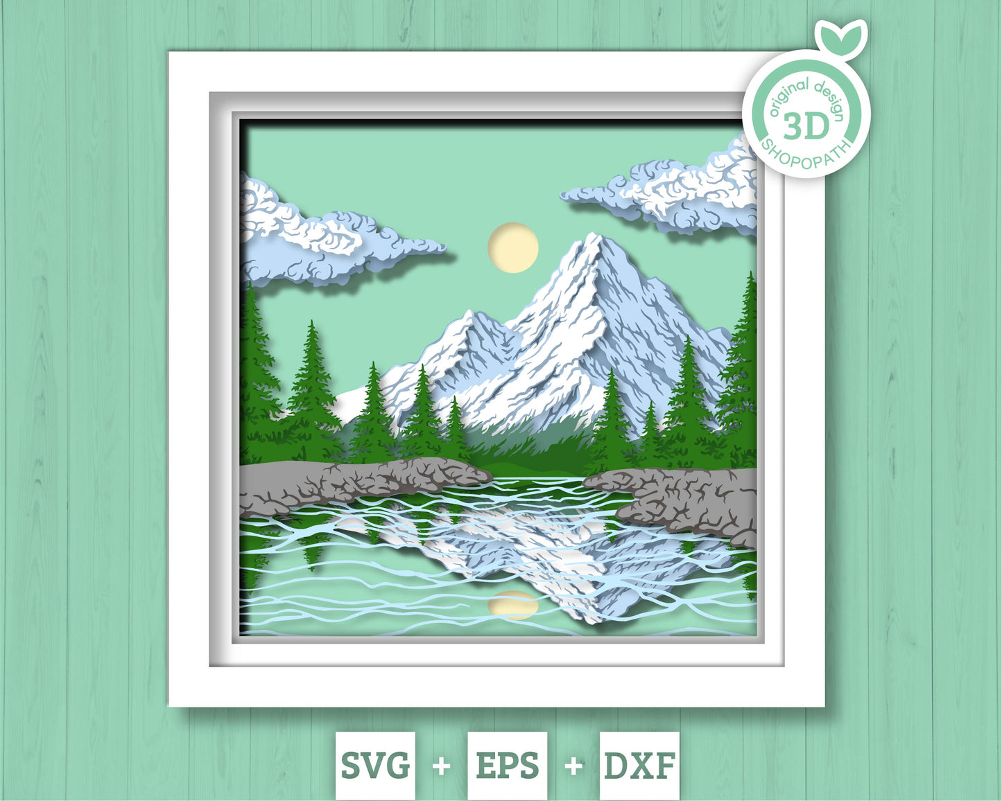 Mountain Landscape Shadow Box 3D SVG With Layered Forest and Lake, 3D Svg Papercut Cutting DXF EPS Files for Cricut Silhouette Brother