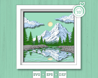 Mountain Landscape Shadow Box 3D SVG With Layered Forest and Lake, 3D Svg Papercut Cutting DXF EPS Files for Cricut Silhouette Brother