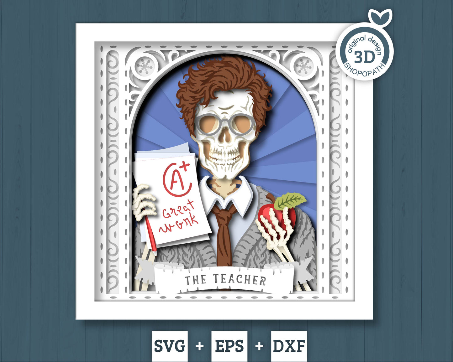Mr. Teacher Skeleton Tarot Card - 3D Shadow Box Layered SVG DXF EPS (Cutting Files)