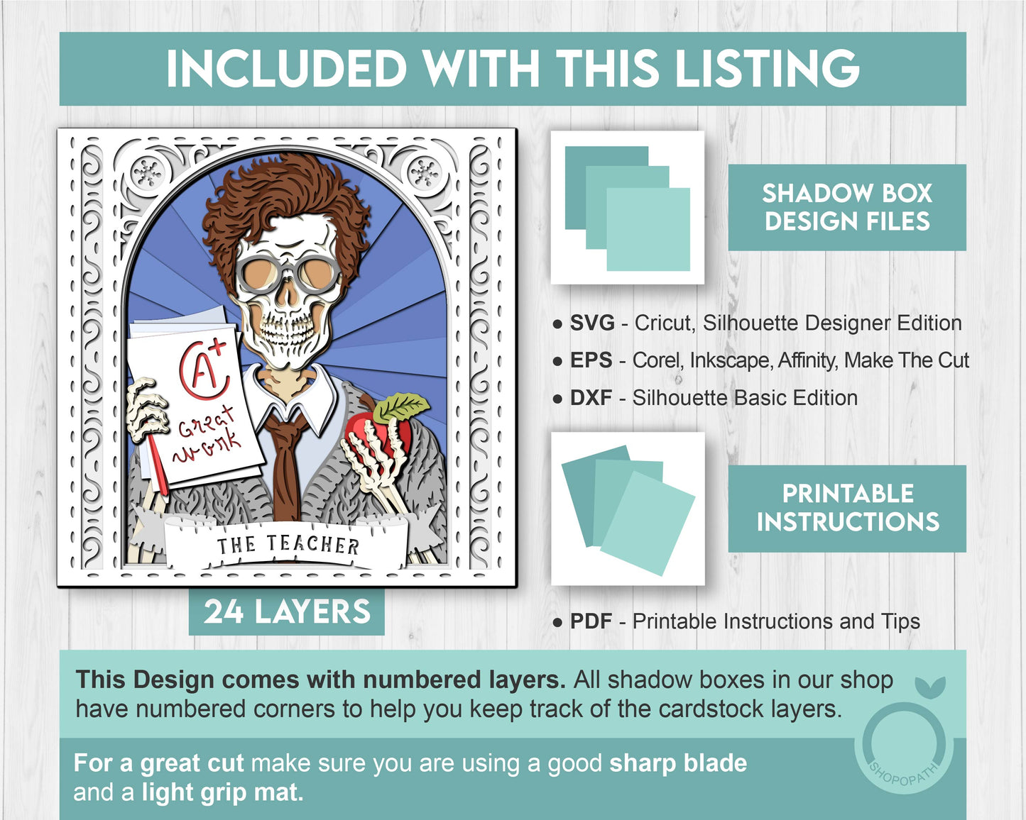 Mr. Teacher Skeleton Tarot Card - 3D Shadow Box Layered SVG DXF EPS (Cutting Files)
