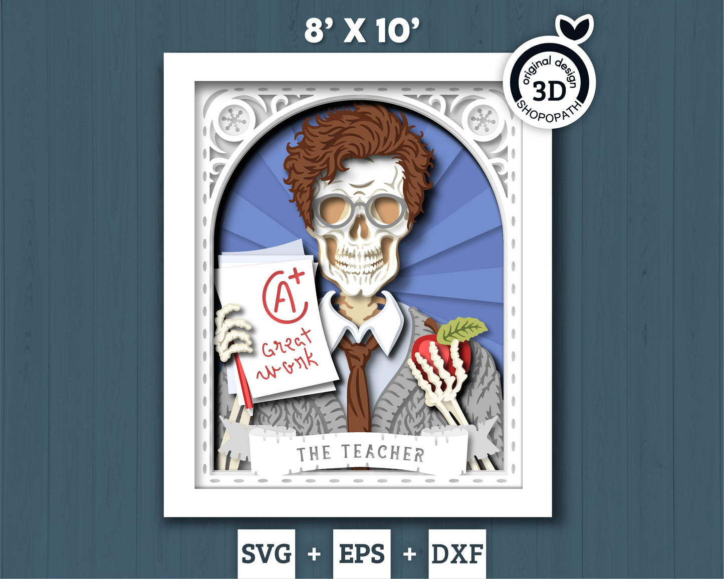 Mr. Teacher Skeleton Tarot Card 8x10 inch - 3D Shadow Box Layered SVG DXF EPS (Cutting Files)