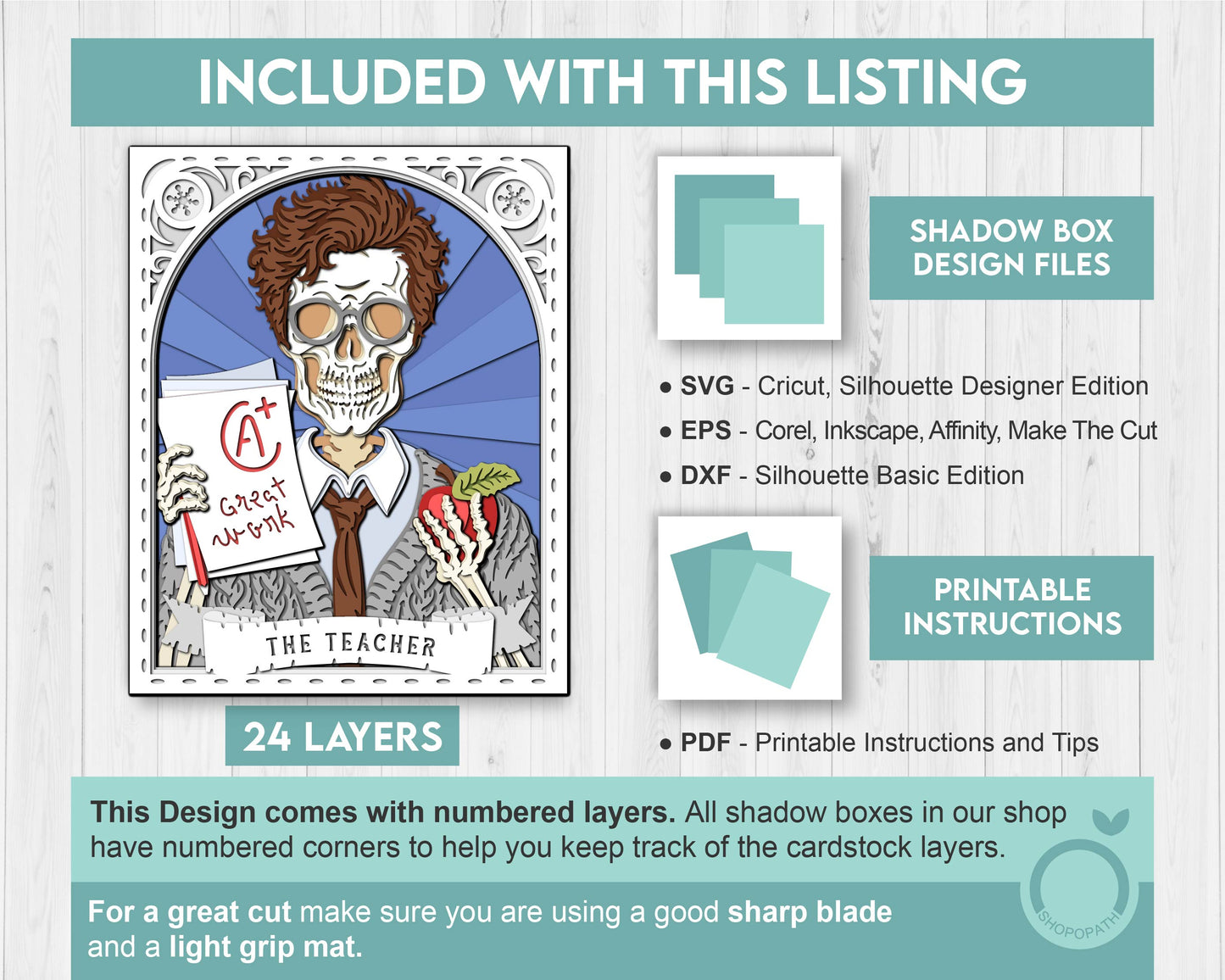 Mr. Teacher Skeleton Tarot Card 8x10 inch - 3D Shadow Box Layered SVG DXF EPS (Cutting Files)