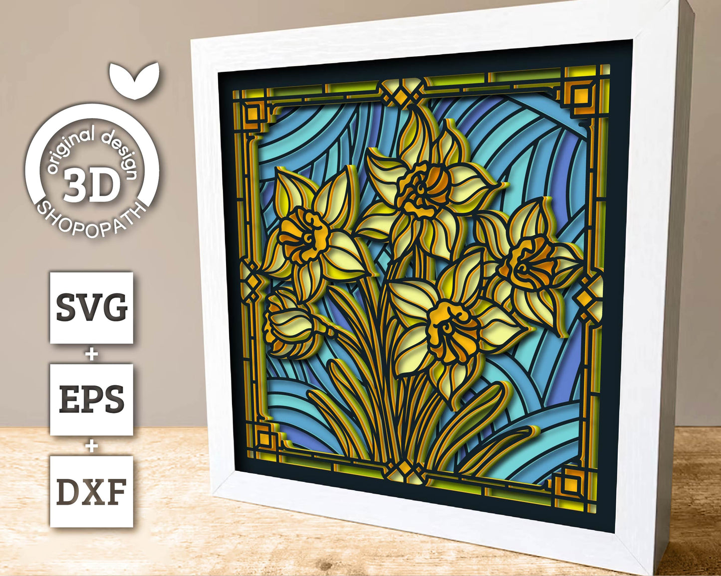 3D SVG Stained Glass Narcissus Flowers Shadow Box, 3D Flowers svg, 3D SVG Floral Stained Glass Papercut, Shadow Box svg, Cricut Silhouette