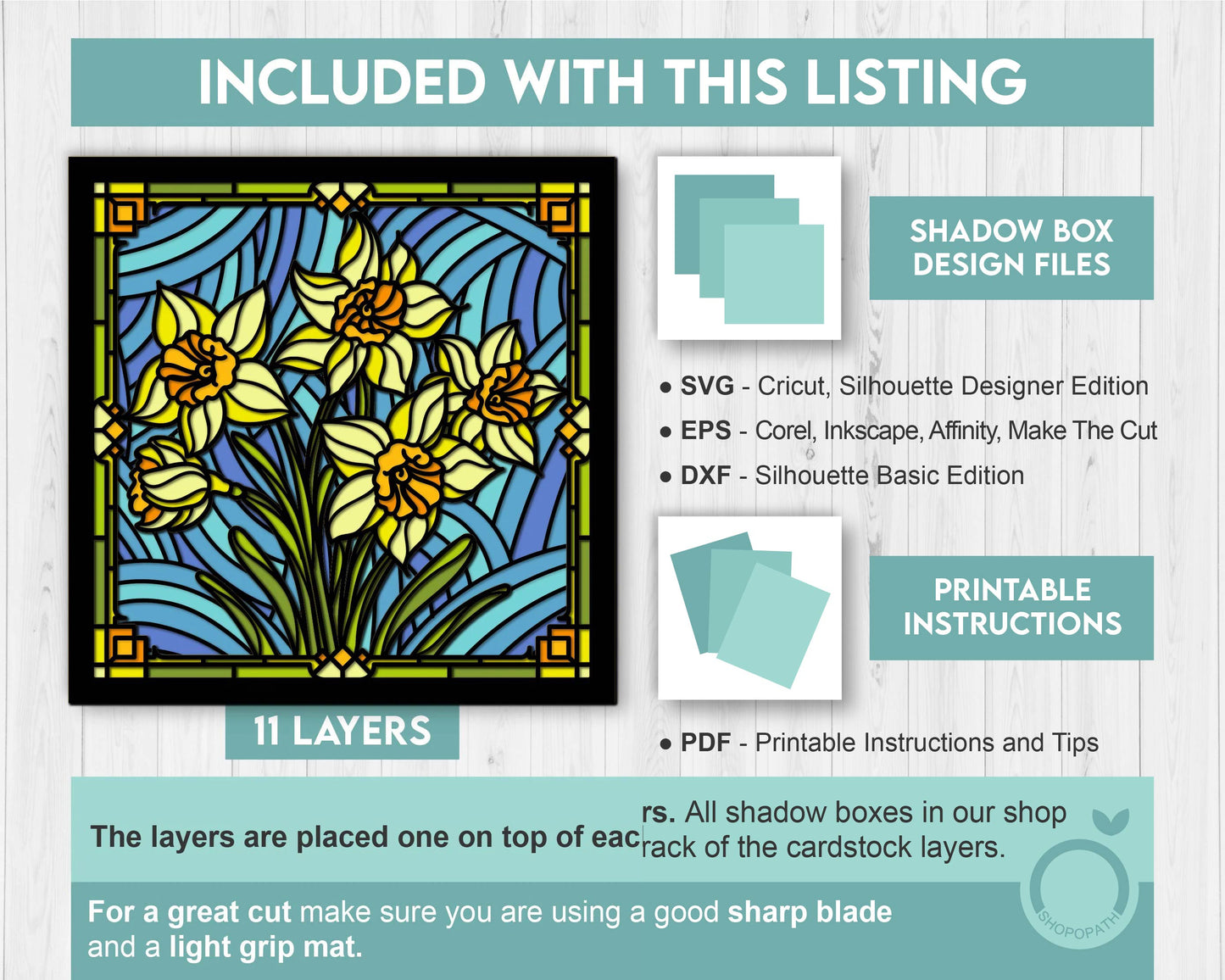 3D SVG Stained Glass Narcissus Flowers Shadow Box, 3D Flowers svg, 3D SVG Floral Stained Glass Papercut, Shadow Box svg, Cricut Silhouette