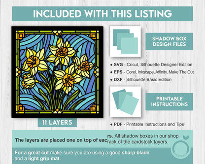 3D SVG Stained Glass Narcissus Flowers Shadow Box, 3D Flowers svg, 3D SVG Floral Stained Glass Papercut, Shadow Box svg, Cricut Silhouette