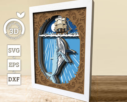 3D Sailing Ship And Whale Shadow Box SVG, 8x10 inch Layered Whale 3D Svg, Summer 3D Svg, Sailing Ship 3D SVG,Whale 3D SVG Cricut Silhouette