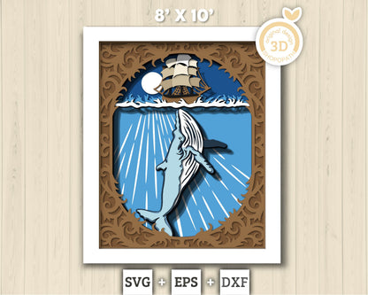 3D Sailing Ship And Whale Shadow Box SVG, 8x10 inch Layered Whale 3D Svg, Summer 3D Svg, Sailing Ship 3D SVG,Whale 3D SVG Cricut Silhouette