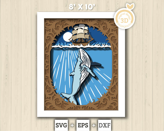 3D Sailing Ship And Whale Shadow Box SVG, 8x10 inch Layered Whale 3D Svg, Summer 3D Svg, Sailing Ship 3D SVG,Whale 3D SVG Cricut Silhouette