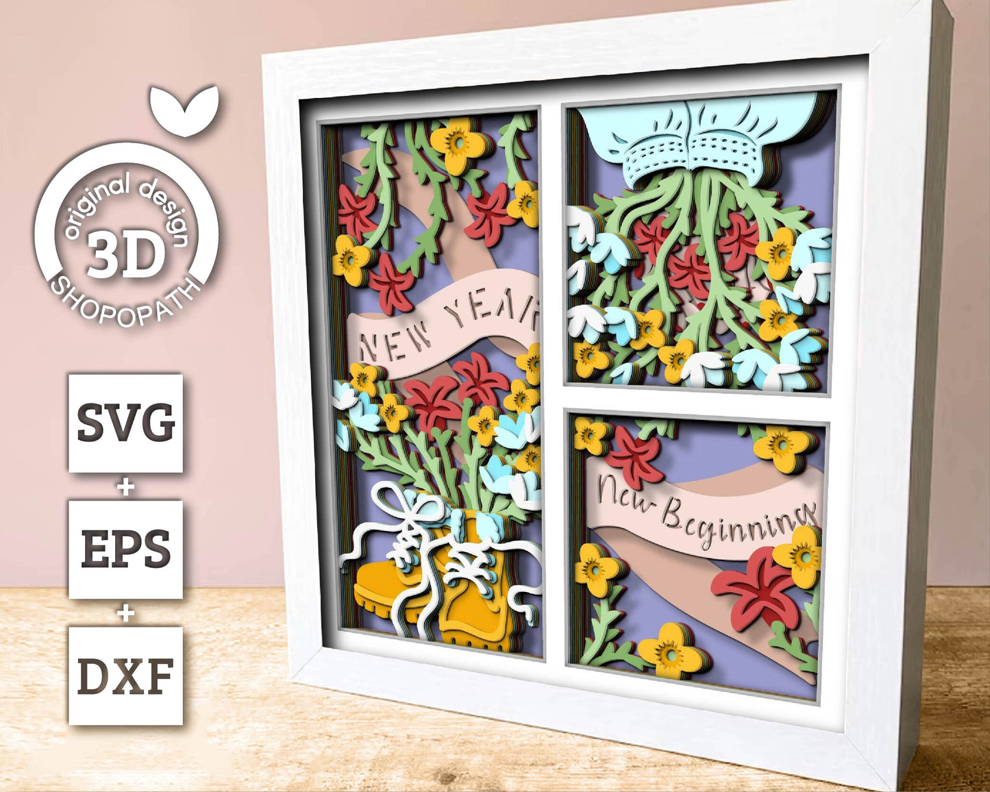 3D SVG Spring Shadow Box, New Year Shadow Box, Floral 3D Svg, Inspirational Layered Papercut svg 3d Flowers 3d Florals Cricut Silhouette