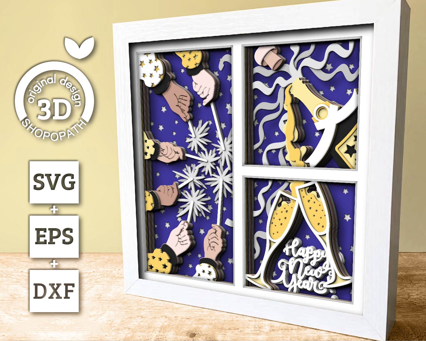 3D SVG New Years Shadow Box, 2025 Celebration Svg, Winter Shadow Box, Holidays 3D Svg, Christmas Gift Champagne Svg, Cricut Silhouette