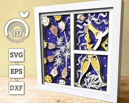 3D SVG New Years Shadow Box, 2025 Celebration Svg, Winter Shadow Box, Holidays 3D Svg, Christmas Gift Champagne Svg, Cricut Silhouette