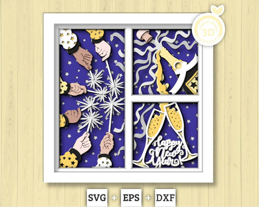 3D SVG New Years Shadow Box, 2025 Celebration Svg, Winter Shadow Box, Holidays 3D Svg, Christmas Gift Champagne Svg, Cricut Silhouette