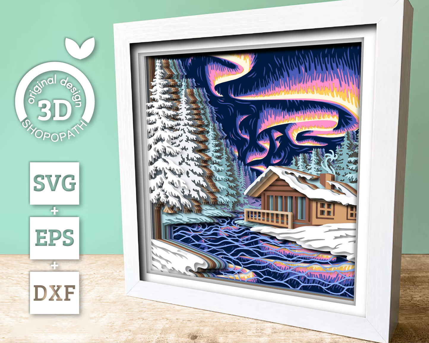 Northern Lights with Winter Cabin - 3D Shadow Box Layered SVG DXF EPS (Cutting Files)