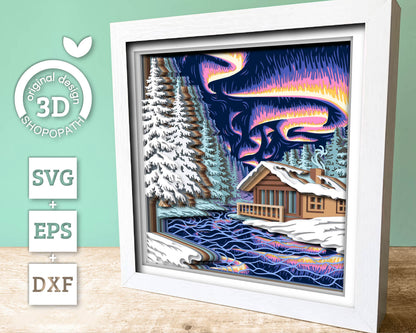 Northern Lights with Winter Cabin - 3D Shadow Box Layered SVG DXF EPS (Cutting Files)