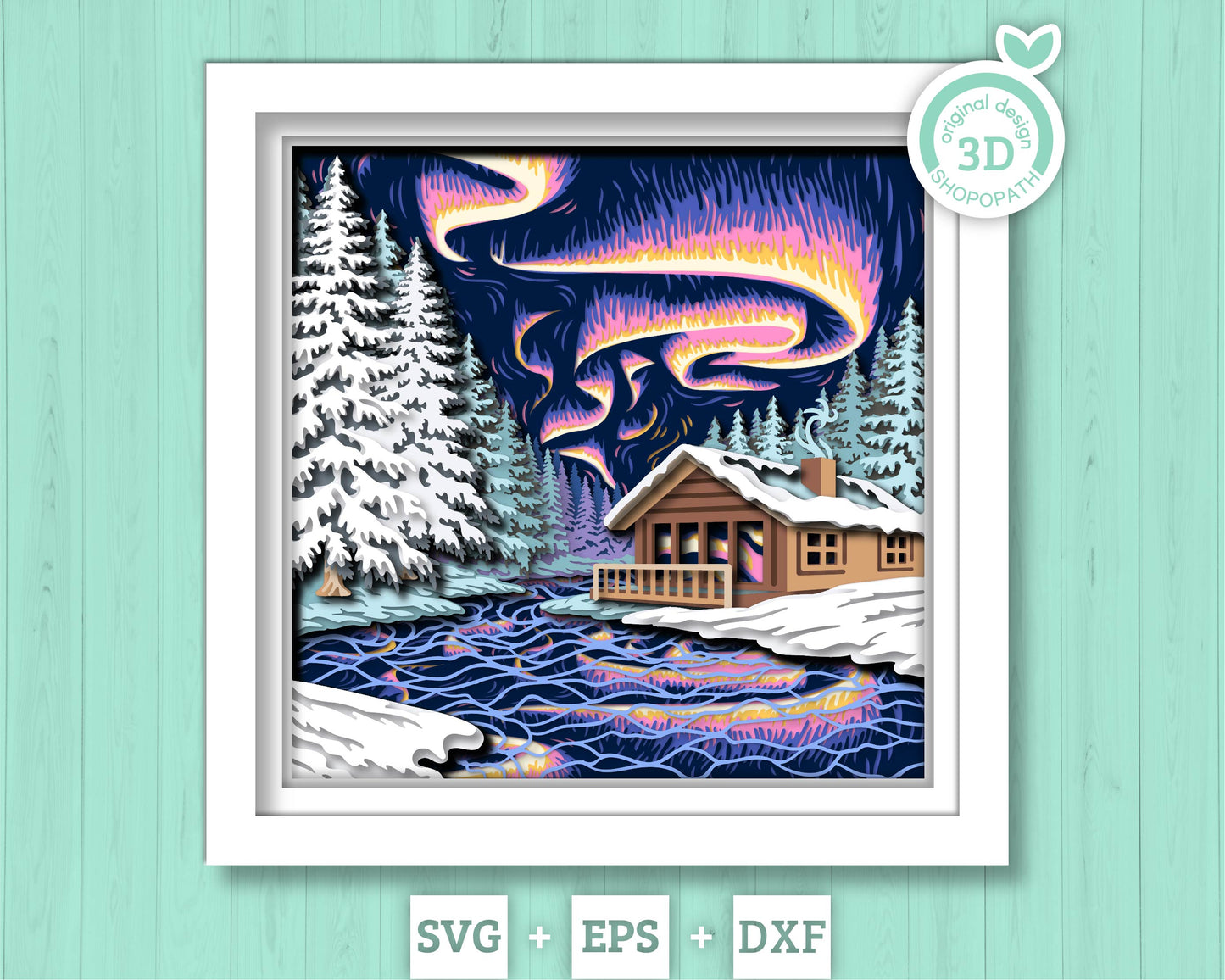 Northern Lights with Winter Cabin - 3D Shadow Box Layered SVG DXF EPS (Cutting Files)