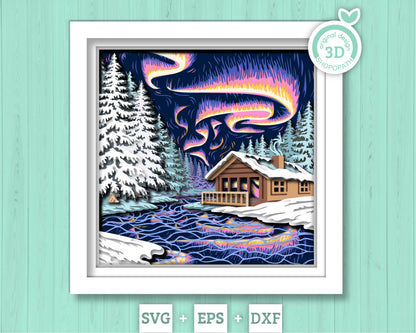 Northern Lights with Winter Cabin - 3D Shadow Box Layered SVG DXF EPS (Cutting Files)