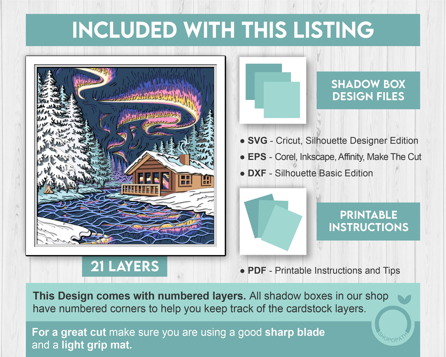 Northern Lights with Winter Cabin - 3D Shadow Box Layered SVG DXF EPS (Cutting Files)