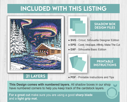 Northern Lights with Winter Cabin - 3D Shadow Box Layered SVG DXF EPS (Cutting Files)