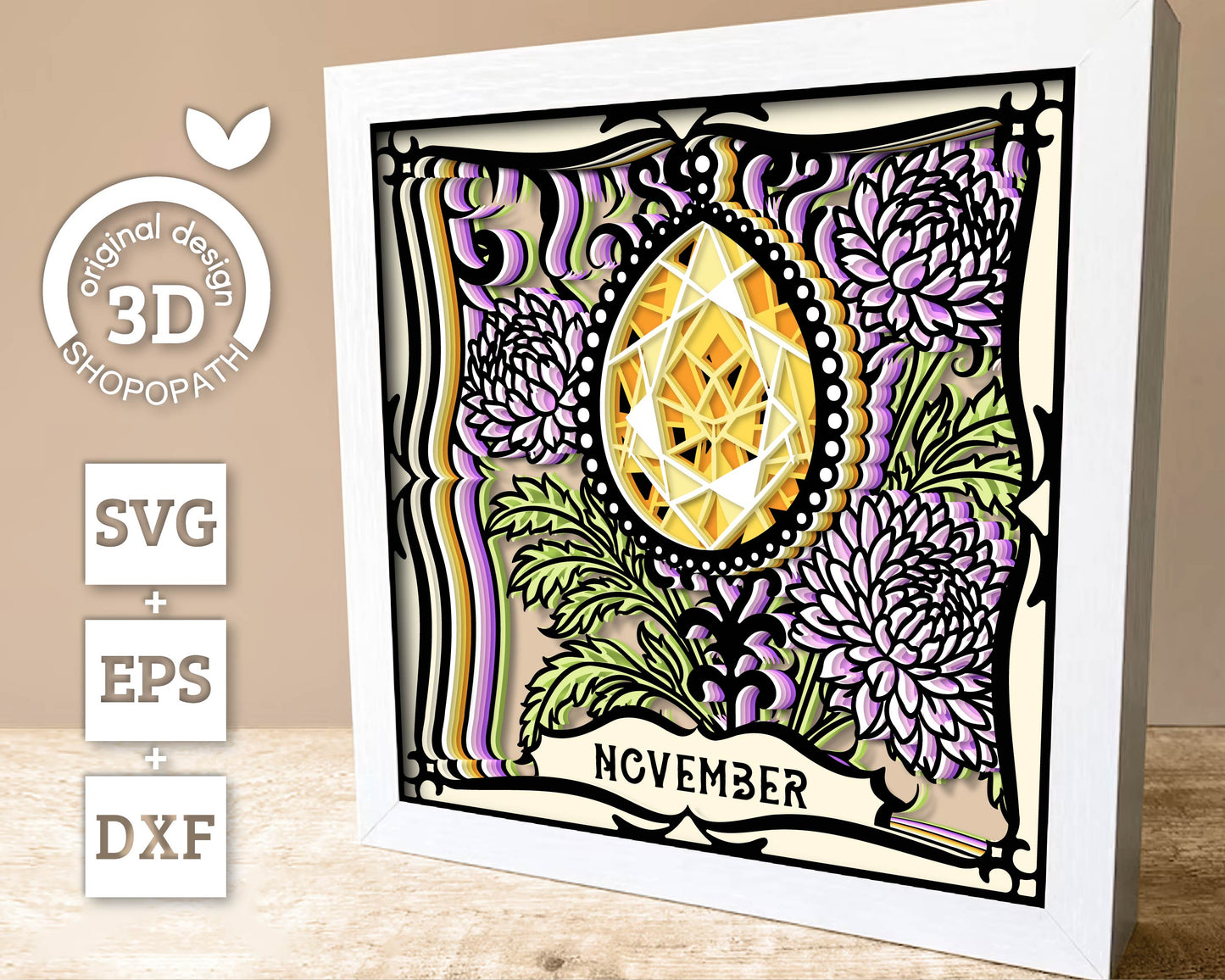 November Shadow Box 3D SVG Birth Month Citrine Gemstone with Chrysanthemum Flowers, Tattoo Style, Cricut Silhouette With DXF Cutting Files