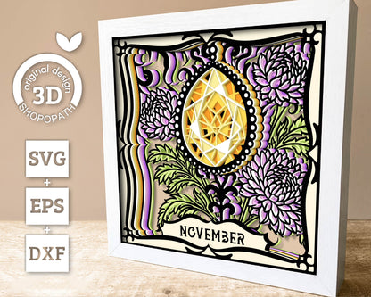 November Shadow Box 3D SVG Birth Month Citrine Gemstone with Chrysanthemum Flowers, Tattoo Style, Cricut Silhouette With DXF Cutting Files