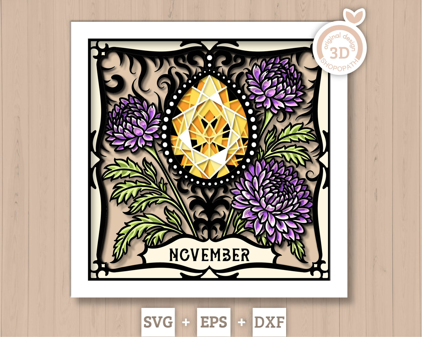 November Shadow Box 3D SVG Birth Month Citrine Gemstone with Chrysanthemum Flowers, Tattoo Style, Cricut Silhouette With DXF Cutting Files