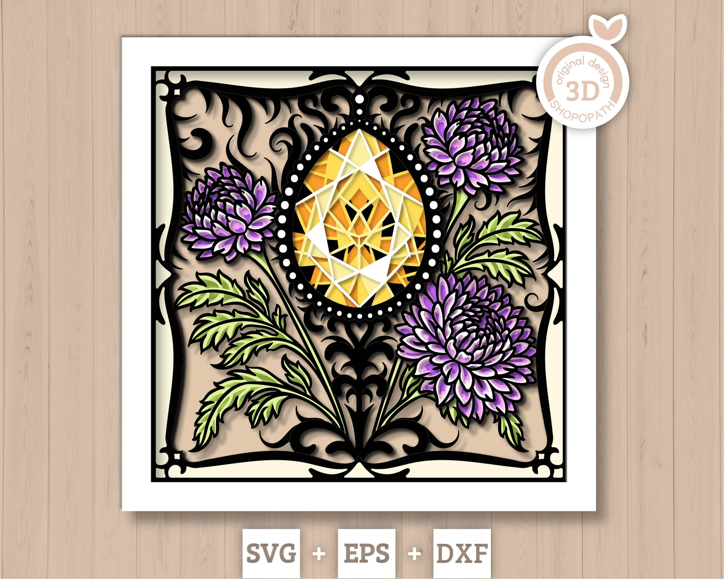 November Shadow Box 3D SVG Birth Month Citrine Gemstone with Chrysanthemum Flowers, Tattoo Style, Cricut Silhouette With DXF Cutting Files