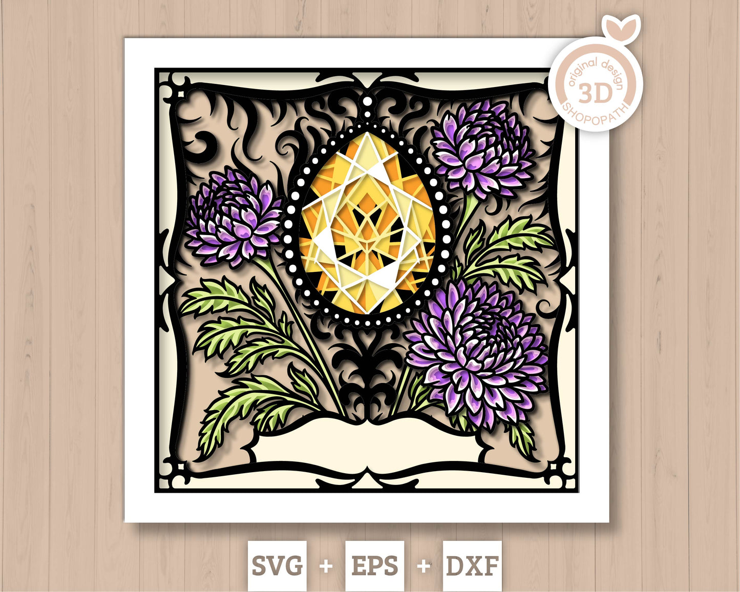 November Shadow Box 3D SVG Birth Month Citrine Gemstone with Chrysanthemum Flowers, Tattoo Style, Cricut Silhouette With DXF Cutting Files