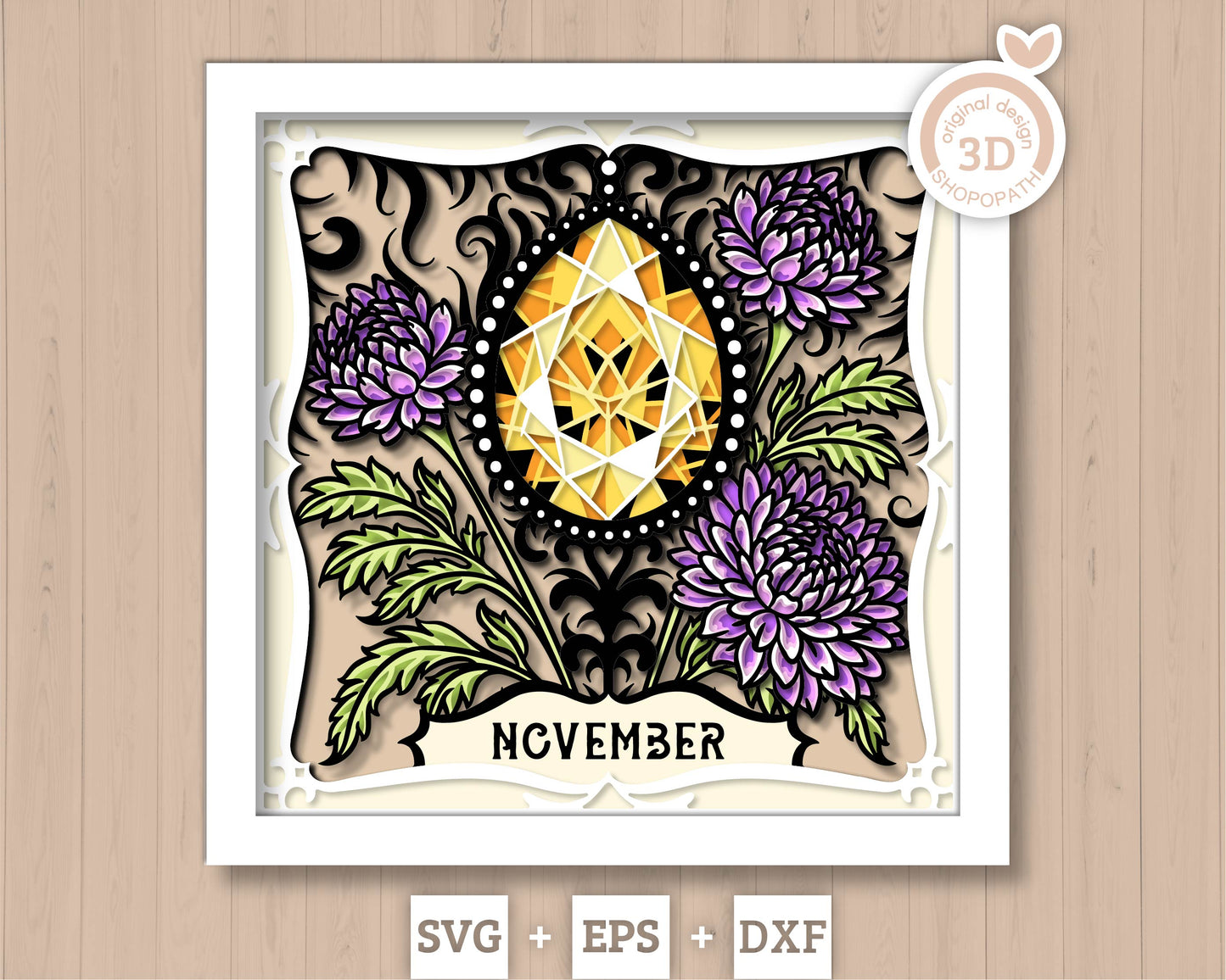 November Shadow Box 3D SVG Birth Month Citrine Gemstone with Chrysanthemum Flowers, Tattoo Style, Cricut Silhouette With DXF Cutting Files