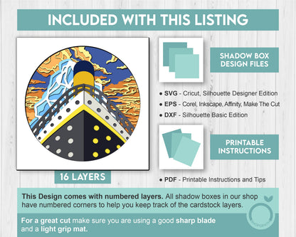 3D SVG Ocean Liner Shadow Box, Ship 3D Svg, Sunset 3d Svg, Sea 3D svg, Summer 3d Svg, Ocean Liner 3d svg, 3D SVG Boat, Cricut Silhouette