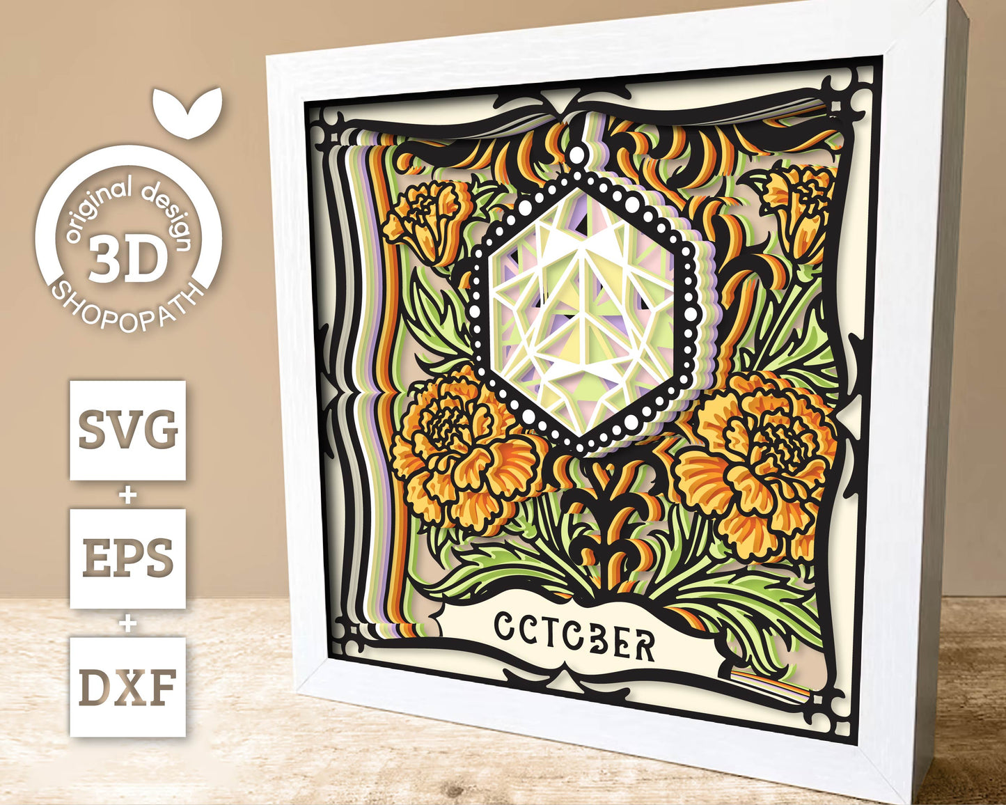 October Shadow Box 3D SVG Birth Month Opal Gemstone with Marigold Flowers, Tattoo Style, Cricut Silhouette With DXF Layered Cutting Files