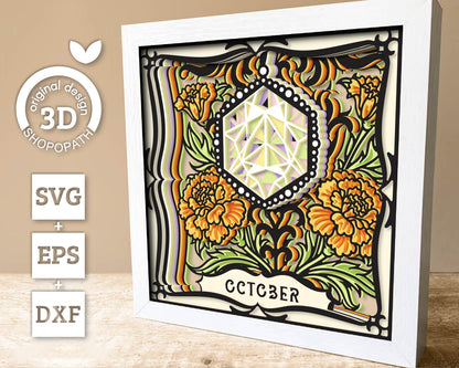 October Shadow Box 3D SVG Birth Month Opal Gemstone with Marigold Flowers, Tattoo Style, Cricut Silhouette With DXF Layered Cutting Files