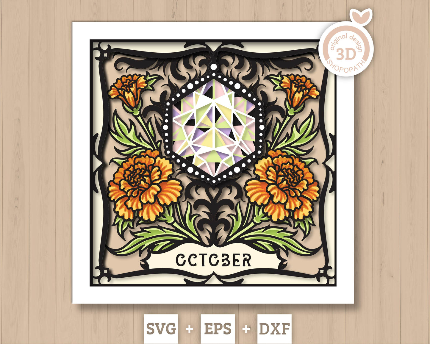 October Shadow Box 3D SVG Birth Month Opal Gemstone with Marigold Flowers, Tattoo Style, Cricut Silhouette With DXF Layered Cutting Files