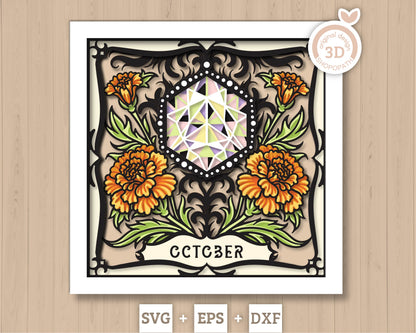 October Shadow Box 3D SVG Birth Month Opal Gemstone with Marigold Flowers, Tattoo Style, Cricut Silhouette With DXF Layered Cutting Files