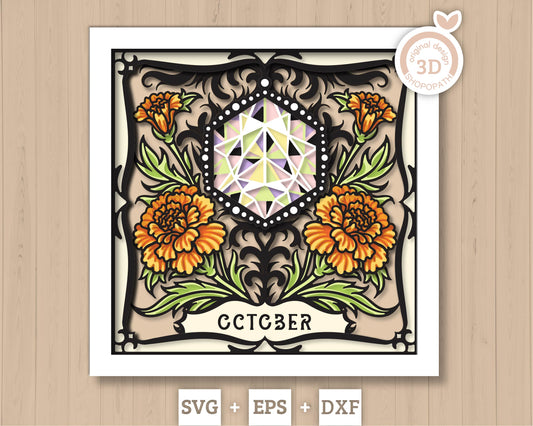 October Shadow Box 3D SVG Birth Month Opal Gemstone with Marigold Flowers, Tattoo Style, Cricut Silhouette With DXF Layered Cutting Files